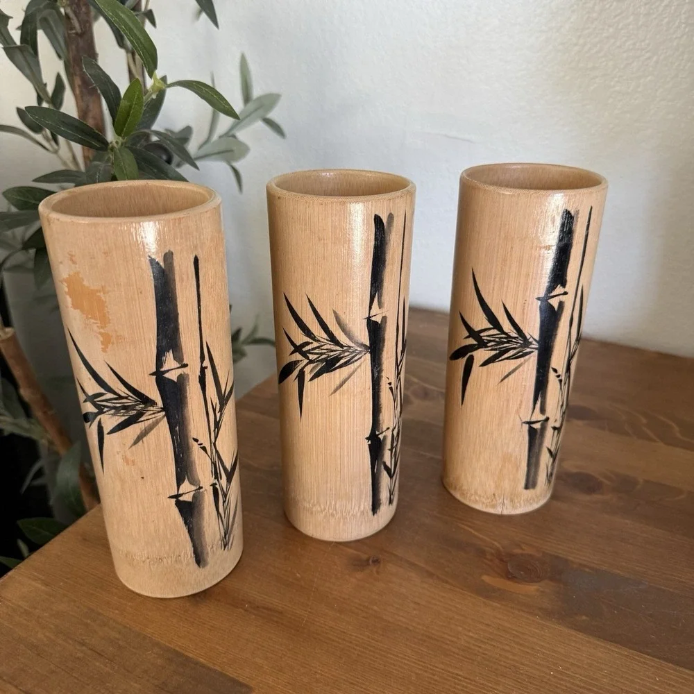 Set of 5 Vintage 60s Japanese Hand Brush Painted Natural Bamboo Cups Vases Decor